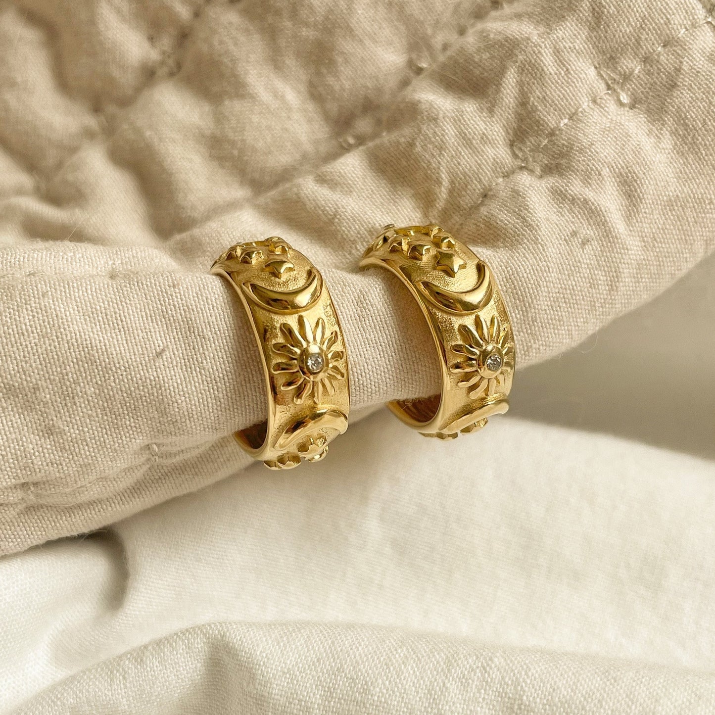 GOLD MOON SUN + STARS HOOPS