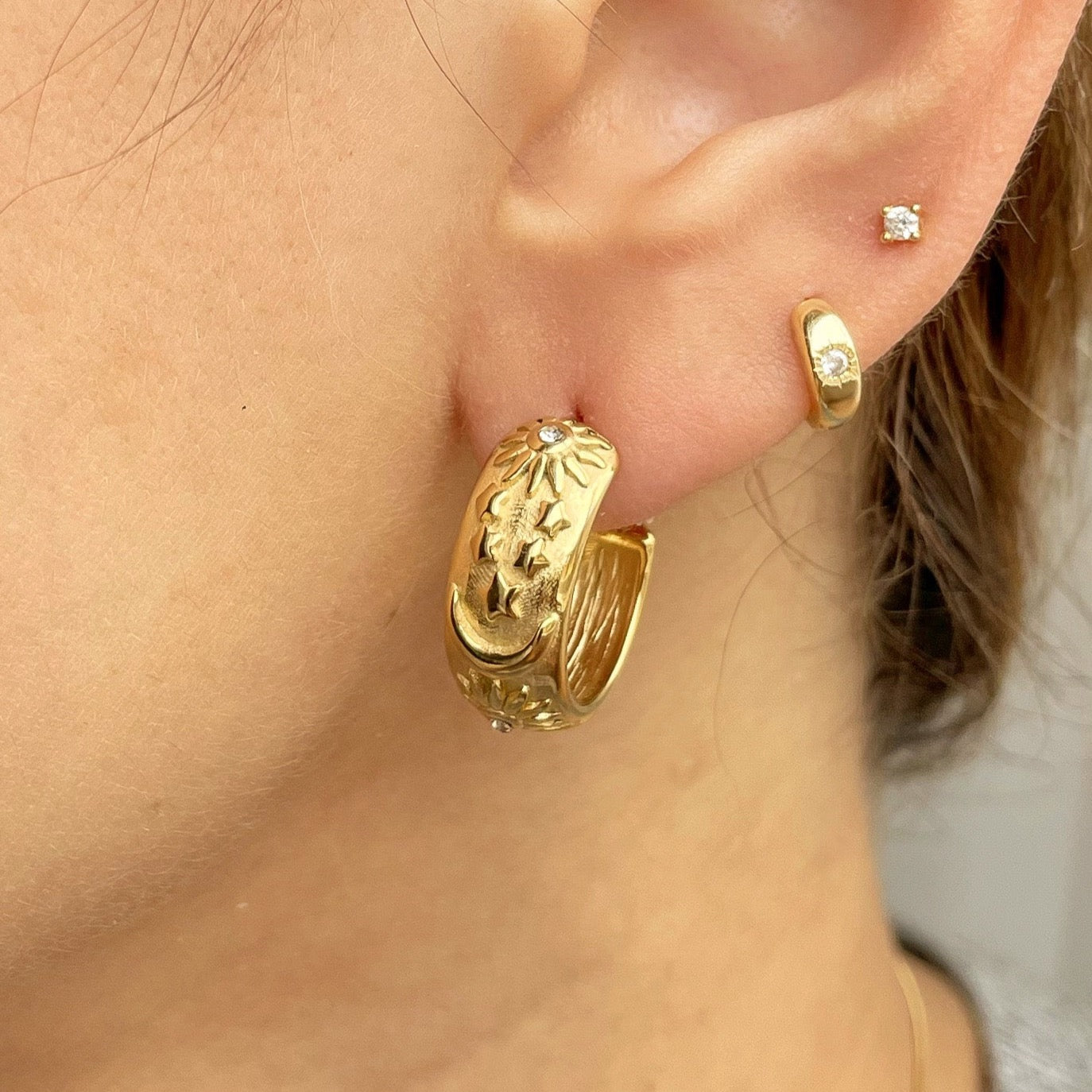 GOLD MOON SUN + STARS HOOPS