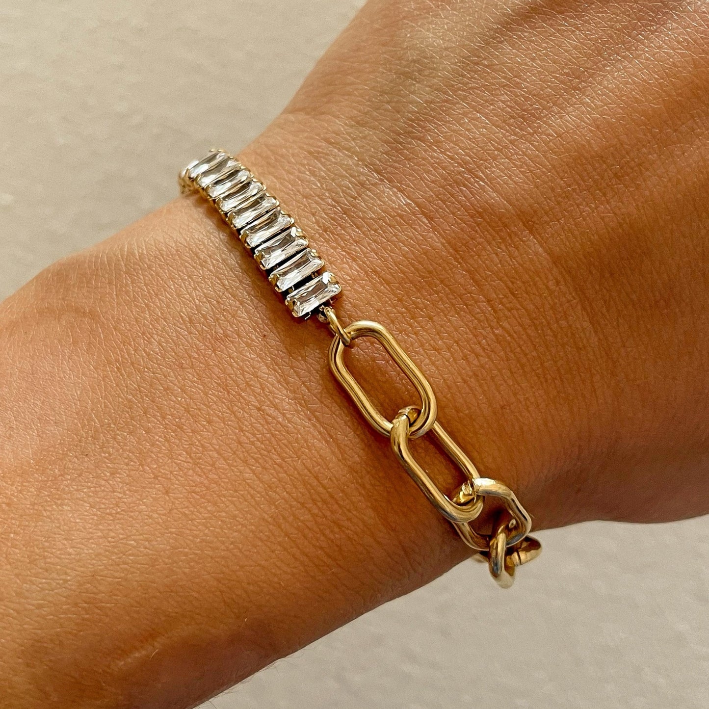 Gold CZ Paper Clip Bracelet