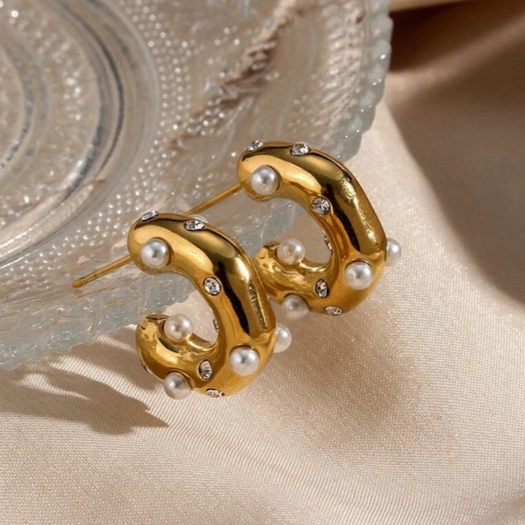 GOLD CZ + PEARL STUDDED HOOPS