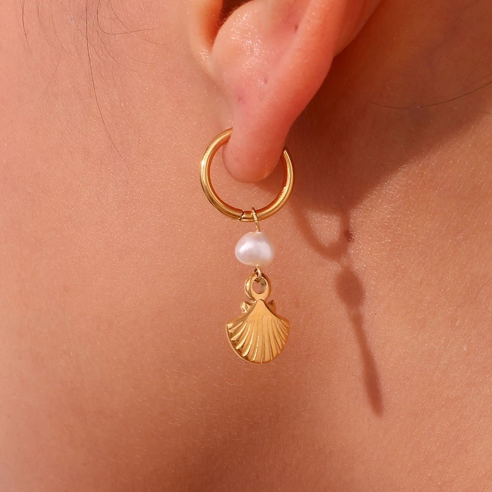 SHELL + PEARL HUGGIE EARRINGS