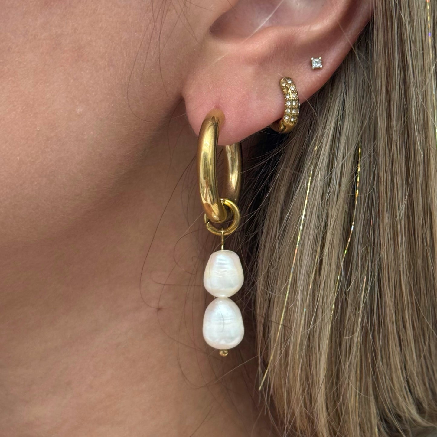 DOUBLE PEARL HOOP EARRINGS