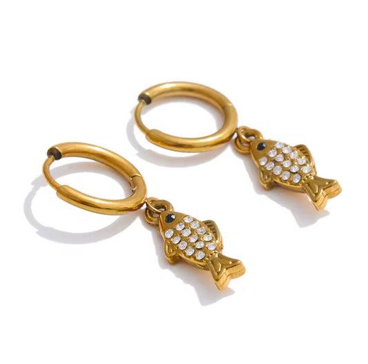 CRYSTAL FISH HOOP EARRINGS