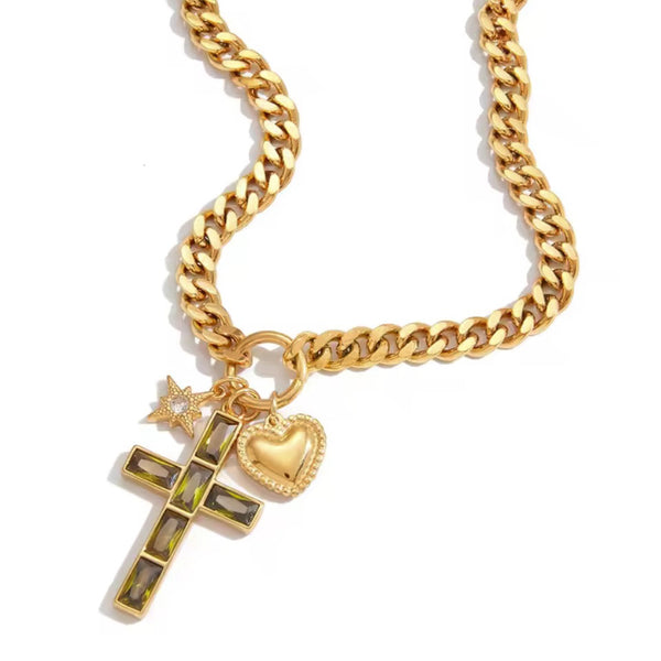 OLIVE GLOW CROSS NECKLACE