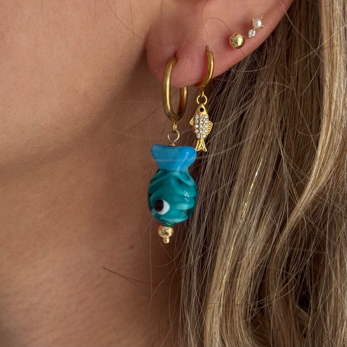 TEAL FISH HOOP EARRINGS