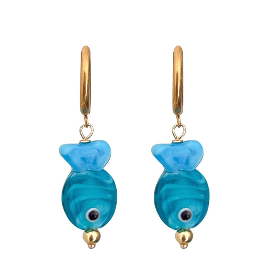 TEAL FISH HOOP EARRINGS