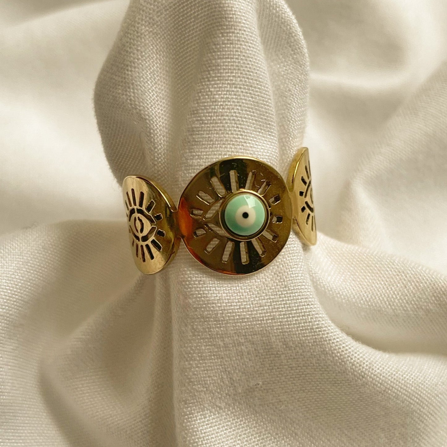 GOLD + AQUA EVIL EYE RING