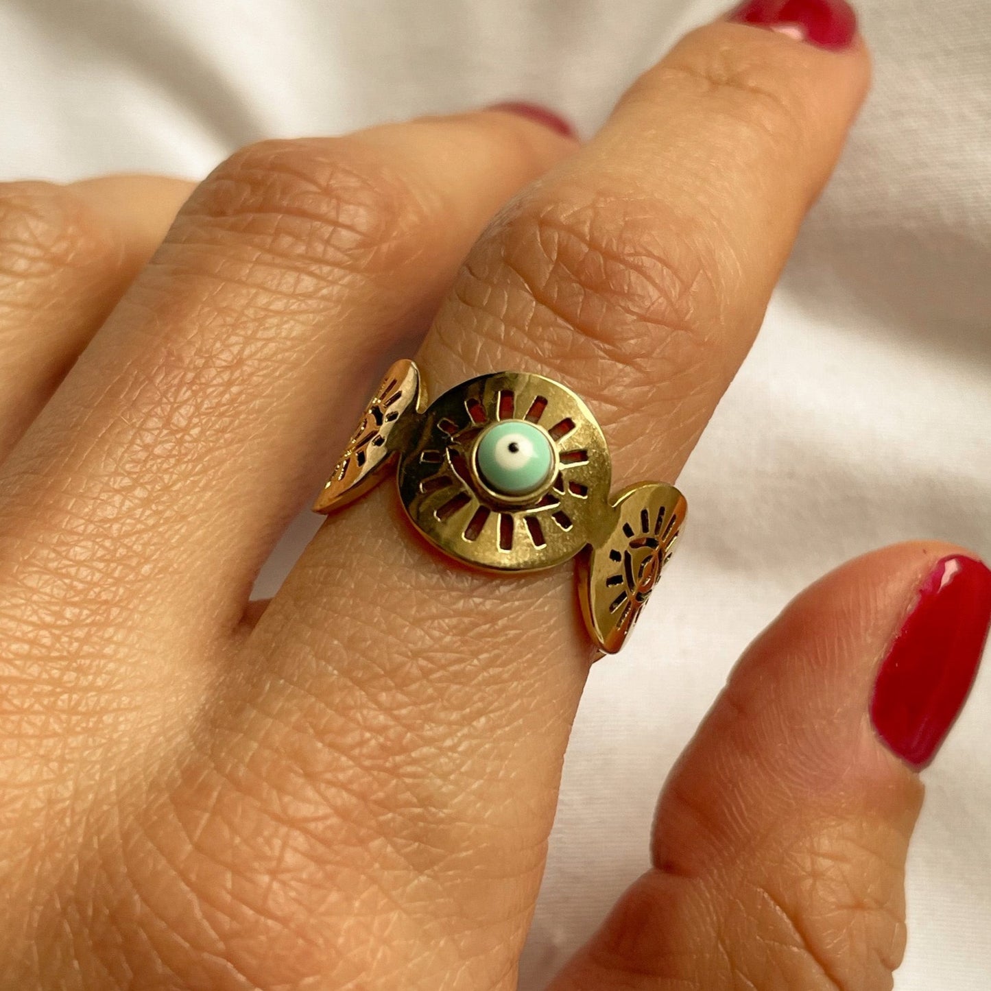 GOLD + AQUA EVIL EYE RING