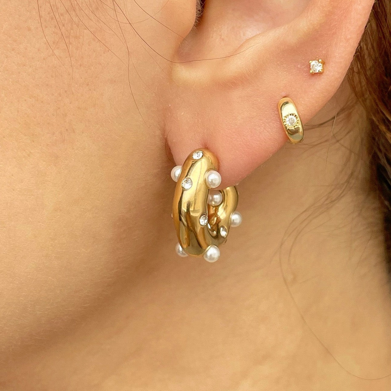 GOLD CZ + PEARL STUDDED HOOPS