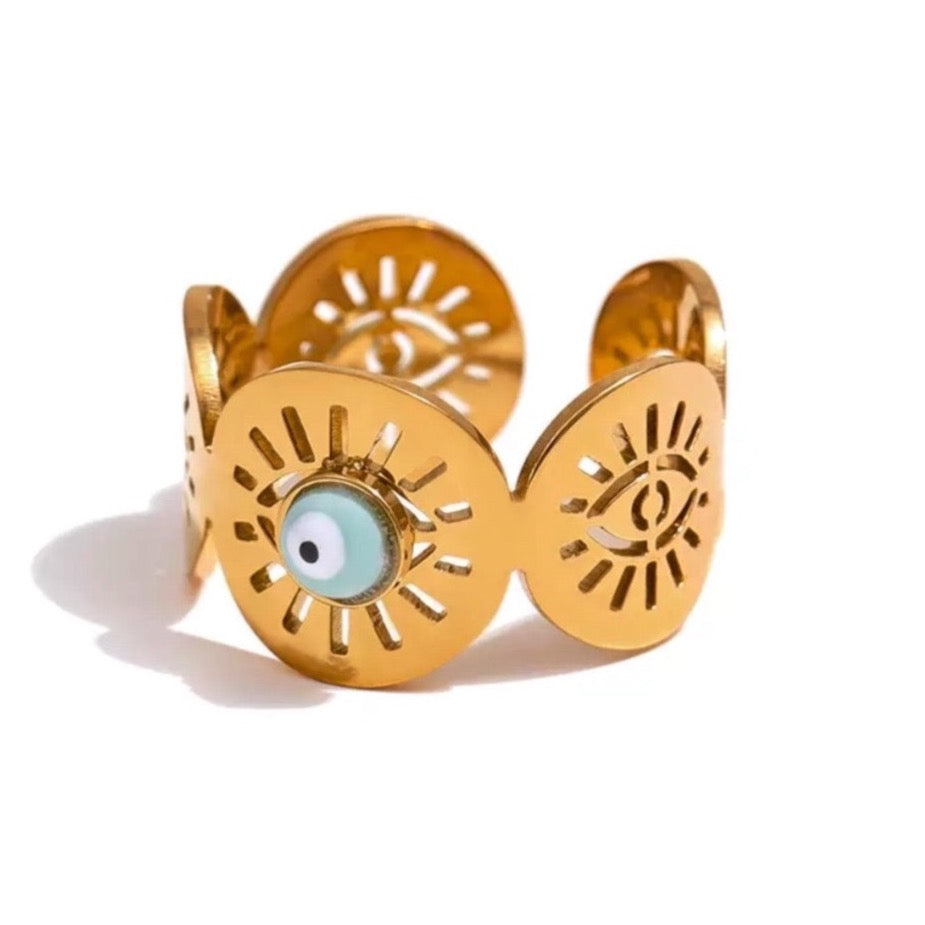 GOLD + AQUA EVIL EYE RING